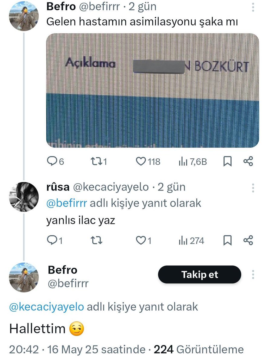 ⚪️ Van’da bir sağlık çalışanı, tedaviye gelen hastanın soyadını sosyal medyada paylaşarak yanlış ilaç tedavisi uyguladığını açıkladı.

Şahıs, gelen tepkiler üzerine hesabını kapattı.