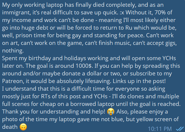 tim640's tweet photo. Well, happy birthday to me 🥲
Guys, please take a moment to read! Urgent help needed 🙁 My work laptop is dead and i am a refugee barely able to save up rn :x

RTs are a ton of help, too!

Links to help:

Patreon: https://t.co/V3vhooizl5
Boosty donations: https://t.co/AqOGbzYL0R https://t.co/0hZeZ78FS2