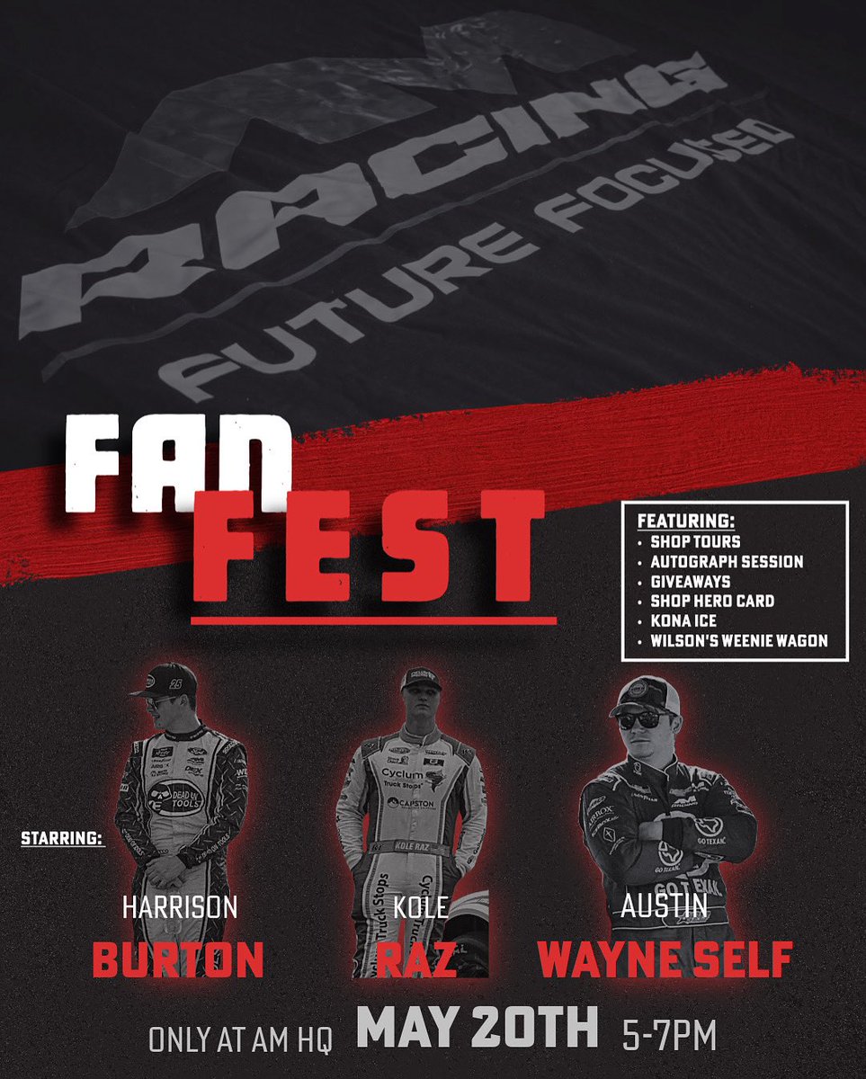ONE DAY AWAY!!! Come join us tomorrow for the annual AM Racing fan day! In partnership with <a href="/StewartFriesen/">Stewart Friesen</a> Racing we are opening our shop to fans! Stop by to get an autograph from our drivers! 

<a href="/XfinityRacing/">Xfinity Racing</a> | <a href="/TheCW_Sports/">The CW Sports</a> | <a href="/NASCAR/">NASCAR</a> | <a href="/KoleRaz27/">Kole Raz</a>