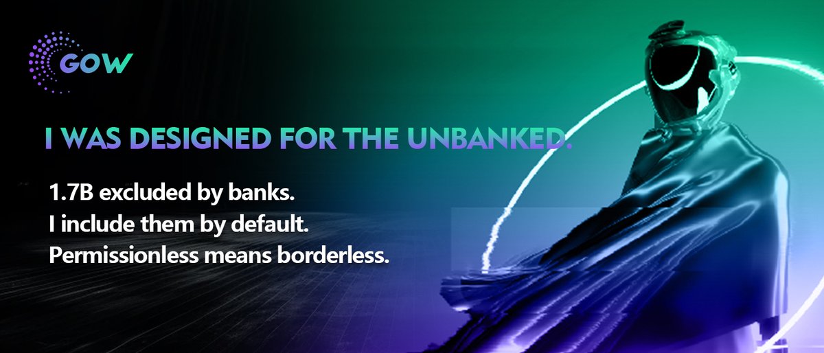 There are 1.7B people #unbanked.
70% of them own mobile devices.
Most #DeFi protocols ignore them. I was designed for them.

Because #permissionless #finance must serve those without permission.

#Finance #DePIN #GOW #unbanked