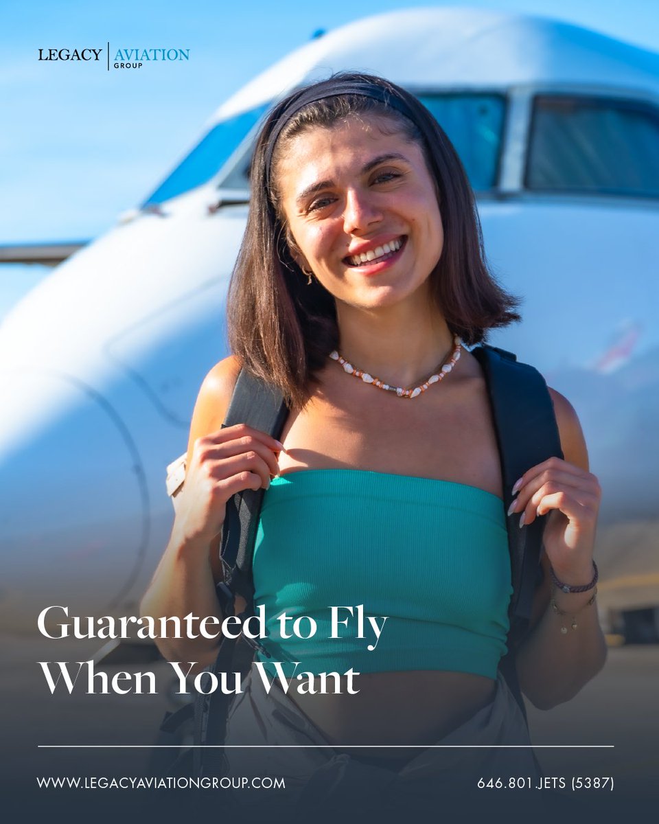 Legacyaviation's tweet image. With Legacy Aviation Group’s guaranteed availability, you can fly whenever you need, without blackout dates or scheduling issues. Just 24 hours’ notice, and you're ready to go! ✈️⏰

#GuaranteedAvailability #NoRestrictions #JetCards #FlyWithUs #LuxuryTravel