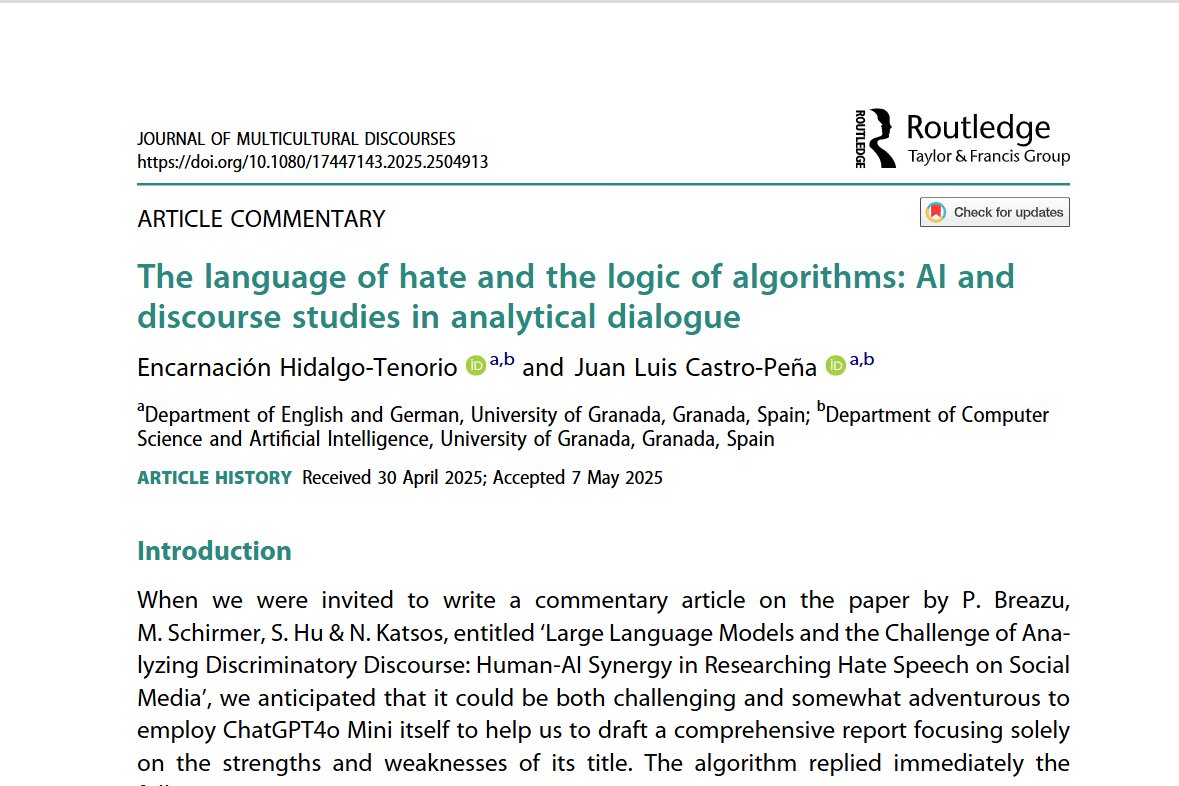 E. Hidalgo Tenorio (@hidalgo_tenorio) on Twitter photo Very happy to share that our paper on #AI & #DA has just been published. J. L. Castro and myself re-read with much attention <a href="/DrPetreBreazu/">Petre Breazu</a> et al's. You can get one free copy here:
tandfonline.com/eprint/TFHG6BU…
<a href="/CanalUGR/">Universidad Granada</a> <a href="/FyL_UGR/">Filosofía y Letras</a> <a href="/uchass_ugr/">U^CHASS</a> Very happy to share that our paper on #AI & #DA has just been published. J. L. Castro and myself re-read with much attention <a href="/DrPetreBreazu/">Petre Breazu</a> et al's. You can get one free copy here:
tandfonline.com/eprint/TFHG6BU…
<a href="/CanalUGR/">Universidad Granada</a> <a href="/FyL_UGR/">Filosofía y Letras</a> <a href="/uchass_ugr/">U^CHASS</a>