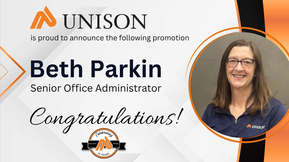 Congratulations, Beth Parkin, on your well-earned promotion to Senior Office Administrator! We're excited to see you thrive in your new role.

#TeamUnison
#Leadership
#EmployeeSuccess
#UnisonSolutions