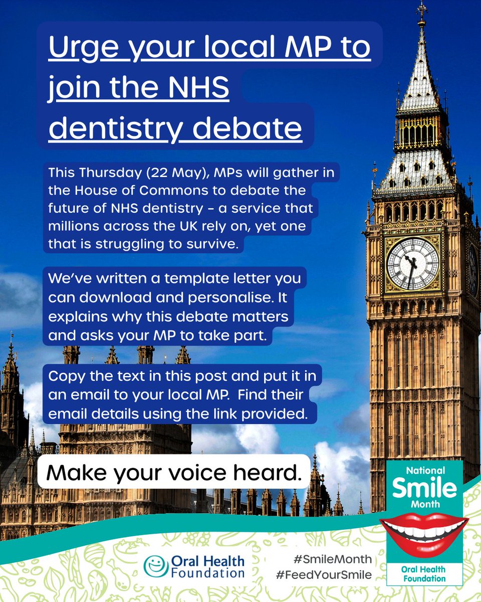 📣Now is the time to urge your MP to take part in the upcoming debate on NHS dentistry. 

We've drafted an open letter for you, all you need to do is copy and paste it into an email to your MP. 

The full text alongside instructions is available here: dentalhealth.org/news/join-deba….