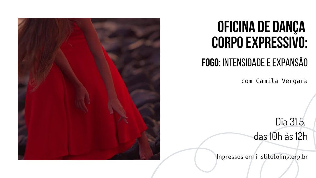💃Com foco na energia, vitalidade e transformação, o terceiro encontro da Oficina de Dança Corpo Expressivo propõe a exploração de movimentos vigorosos, dinâmicos e imprevisíveis, que evocam o calor e a força do fogo.

🎟️: bit.ly/OficinaDeDança…