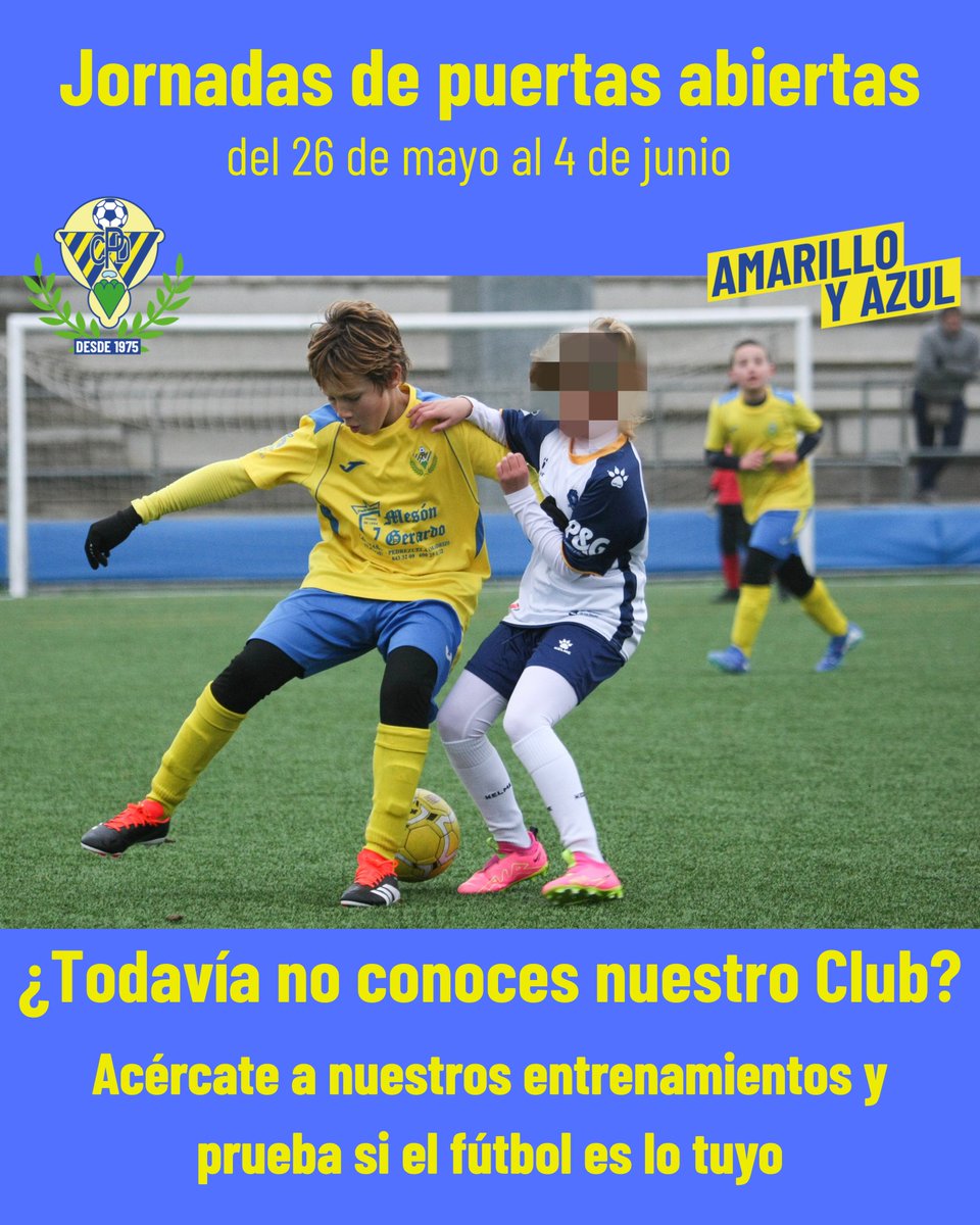 Como es de costumbre abrimos nuestras puertas para que conozcáis el Club, será durante dos semanas:

-Semana del 26 al 29 de mayo.
-Semana del 2 al 5 de junio.

📧direcciontecnica@cdpedrezuela.es

📲 660 070 210

🌍 cdpedrezuela.es

#amarilloyazul💛💙