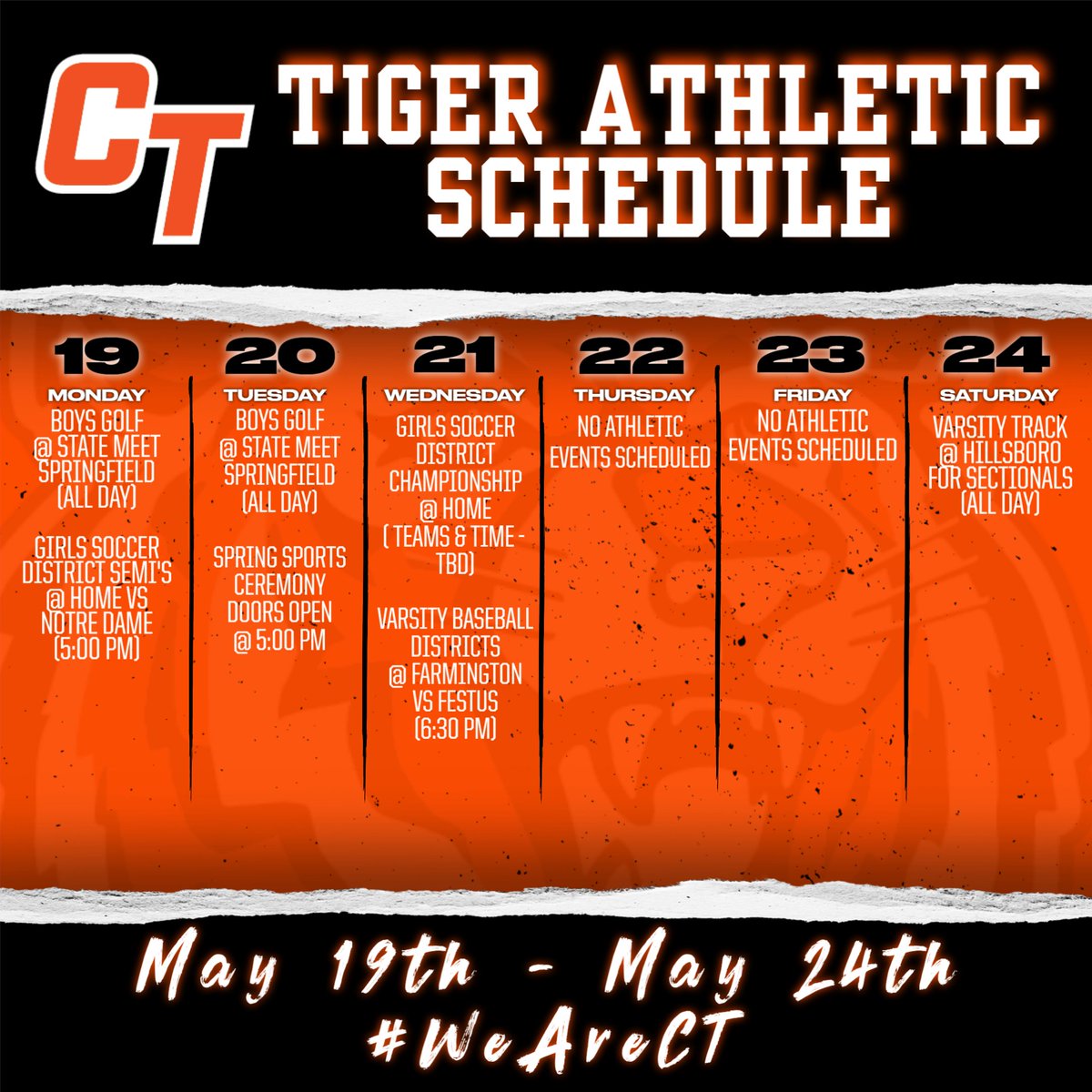 Big Week for Tiger Athletics!! Golf is at State, Girls Soccer hosts Notre Dame tonight in the District Semi's, Baseball Starts district play on Wednesday and Track heads to sectionals for a chance at state!! Go Get'Em Tigers!!!!