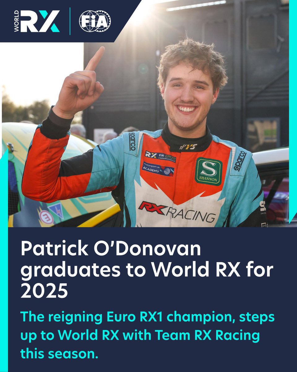 fia_rallycross's tweet photo. Patrick O’Donovan graduates to World RX for 2025.

The reigning Euro RX1 champion joins the world stage with Team RX Racing, kicking off his campaign in Portugal.
Who else can’t wait to see Patrick back in action? 🏁 https://t.co/Lq4q9tocty