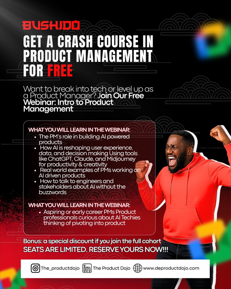 joinbushido's tweet photo. Whether you are breaking into product management or levelling up, this session is for you!!! Join us for a live Product Management webinar. A crash course in product management for FREE??? Be there!!!
Stay tuned for more info....
#webinar #MondayMotivaton https://t.co/MyZop0AHHb