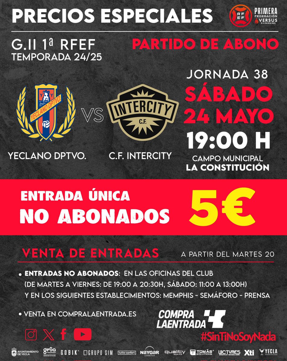 Aitor García (@aitorgarciaa_) on Twitter photo 🎟️ El partido MÁS IMPORTANTE de la historia del <a href="/Yeclano_dptvo/">Yeclano Deportivo</a> dijo <a href="/Patiyoso/">Adrián Hernández Abenza</a> en rueda de prensa.
Por ello, la entrada única para los no abonados será de 5€.
Tiene que haber un ambiente como el del Numancia. O superior. La Constitución dará la salvación. 🎟️ El partido MÁS IMPORTANTE de la historia del <a href="/Yeclano_dptvo/">Yeclano Deportivo</a> dijo <a href="/Patiyoso/">Adrián Hernández Abenza</a> en rueda de prensa.
Por ello, la entrada única para los no abonados será de 5€.
Tiene que haber un ambiente como el del Numancia. O superior. La Constitución dará la salvación.