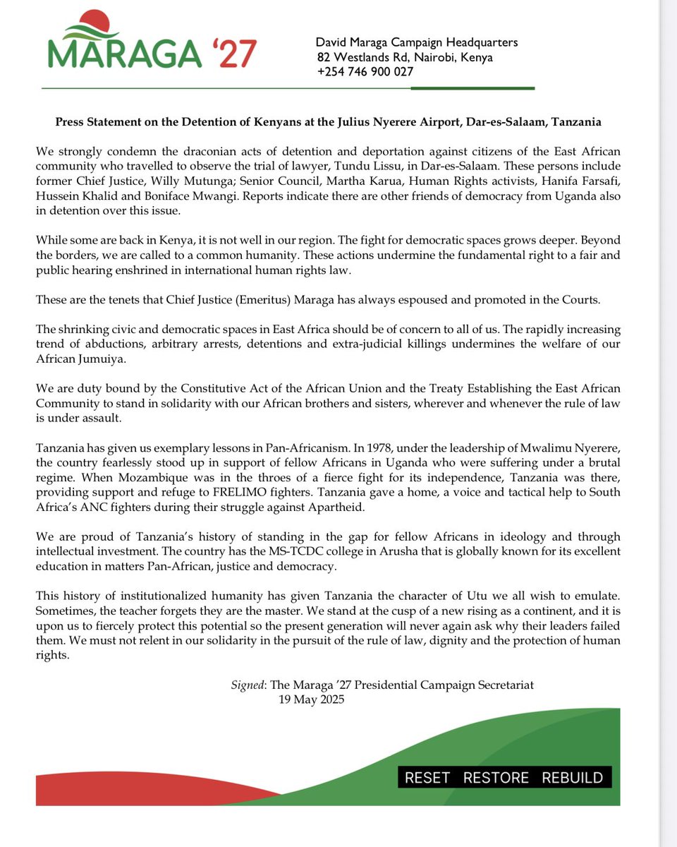 dkmaraga's tweet image. Press Statement on the Detention of Kenyans in Dar-es-Salaam, Tanzania.