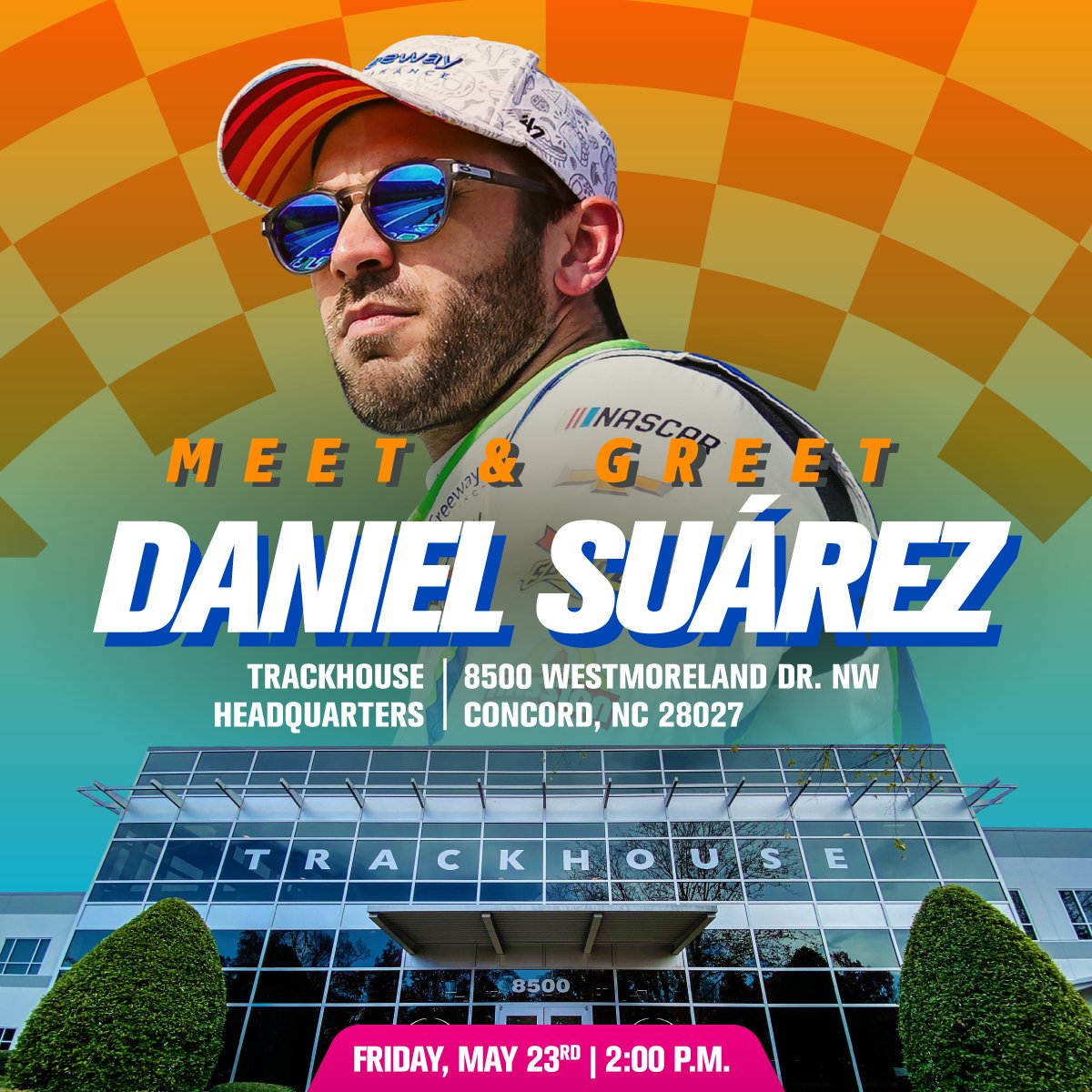 Freeway Insurance (@freeway_ins) on Twitter photo Ever dreamt to meet a #NASCAR legend in their natural habitat? <a href="/Daniel_SuarezG/">Daniel SuƔrez</a> is welcoming fans at <a href="/TeamTrackhouse/">Trackhouse Racing</a> HQ ahead of the #CocaCola600!
- WHEN: Friday, May 23, 2025 at 2pm
- WHERE: 8500 Westmoreland Dr NW, Concord, NC 28027
Don't miss it!
#SuarezAndFreeway Ever dreamt to meet a #NASCAR legend in their natural habitat? <a href="/Daniel_SuarezG/">Daniel SuƔrez</a> is welcoming fans at <a href="/TeamTrackhouse/">Trackhouse Racing</a> HQ ahead of the #CocaCola600!
- WHEN: Friday, May 23, 2025 at 2pm
- WHERE: 8500 Westmoreland Dr NW, Concord, NC 28027
Don't miss it!
#SuarezAndFreeway