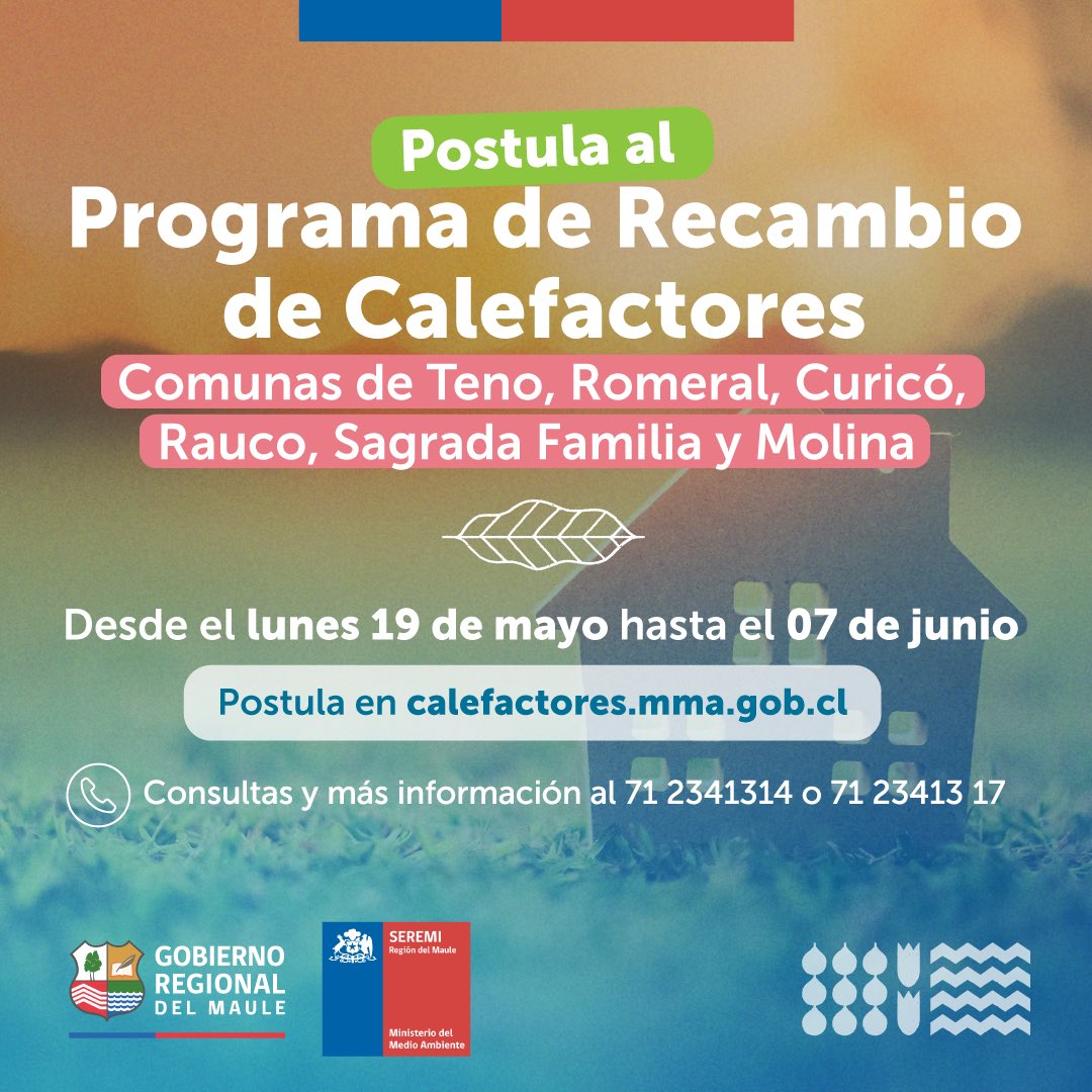 MMAmaule's tweet photo. #MMAInforma 📣Hoy comenzó el proceso de postulación al subsidio medioambiental: Programa Recambio de Calefactores 2025 💚 🏡🏠
✅El beneficio ambiental aplica solo a las áreas urbanas de las comunas de #Curicó, #Teno, #Romeral, #Sagrada Familia, #Rauco, #Molina y #Romeral https://t.co/7idIRh8BaB