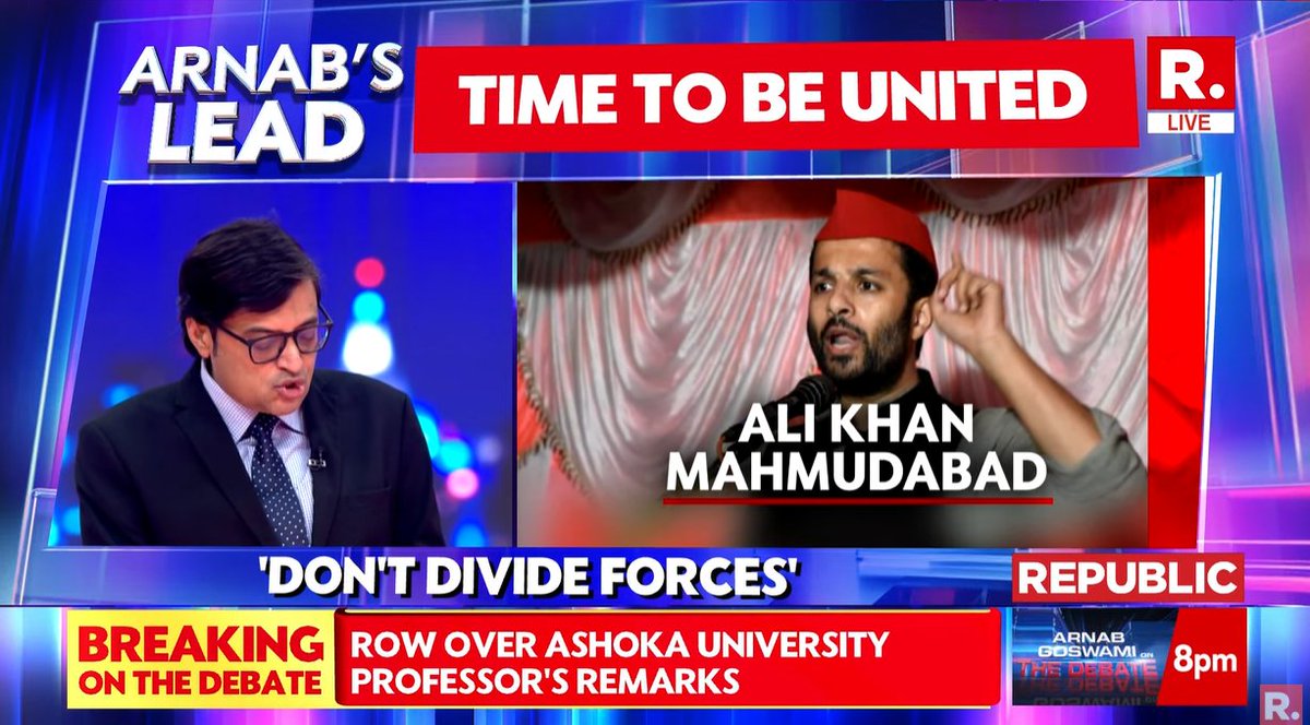 republic's tweet photo. #AshokaUnivControversy | Where should the line be drawn?

#SuperprimetimeMax with Arnab is now #LIVE, on-air, and online. Tune in and fire in your views - https://t.co/TV7Jhd6TZR

#UniversityProfessor #AliKhanMahmudabad #AshokaUniversity  #OperationSindoor #NationForForces #IndiaPakistan #PakistanIndiaTensions #NationFirst