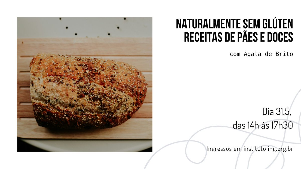 🍞Nesta oficina vamos falar sobre alimentação sem glúten, explorando ingredientes alternativos à farinha de trigo. Com a riqueza de perfumes e sabores que o mundo comestível nos proporciona, vamos aprender o preparo de pães e doces.

🎟️: bit.ly/SemGlúten-31ma…