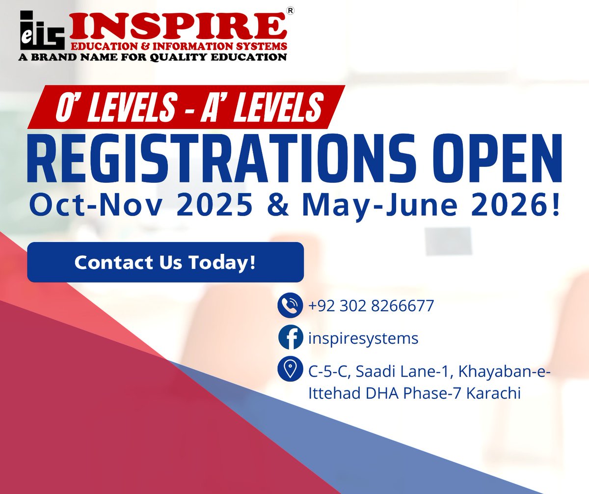 inspirekarachi's tweet image. 📢 O/IGCSE/A Level Registrations Open! 🚀
Secure your spot for Oct/Nov '25 & May/June '26 exams at Inspire
➡️ Excel with expert guidance.
Hybrid Classes (Online and on-site)
📞#Cambridge #OLevel #IGCSE #Karachi #ALevel