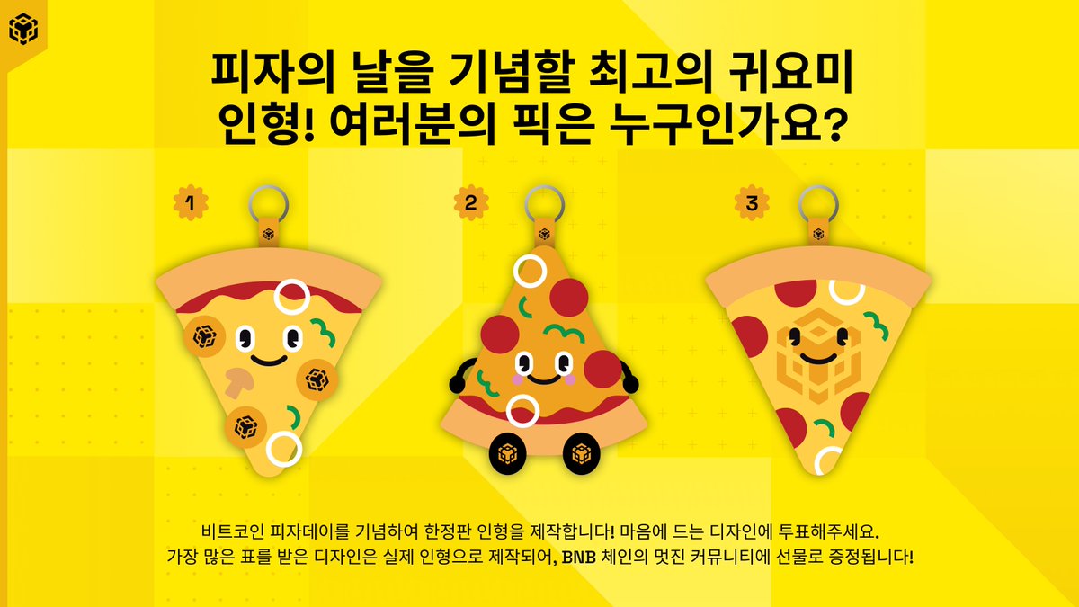 BNBPizzaDay 한정판 인형 디자인 투표에 참여하세요!🍕 BNB 체인에서 비트코인 피자데이를 기념해 특별한 BNB 한정판 피자  인형을 준비했습니다! 어떤 디자인이 실제로 제작될지는 여러분의 투표에 달려 있어요! 🏆 지금 투표하고, 초귀여운 피자 인형을 받을