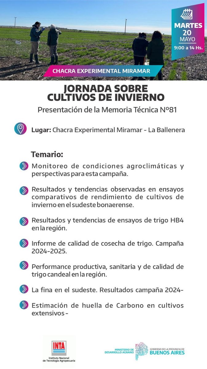 Los esperamos mañana en la Chacra Miramar para presentar resultados de la RET de INTA Balcarce, HB4 en toda la RET y otros temas de trigo. Inscripción: tinyurl.com/cultivoschmira…