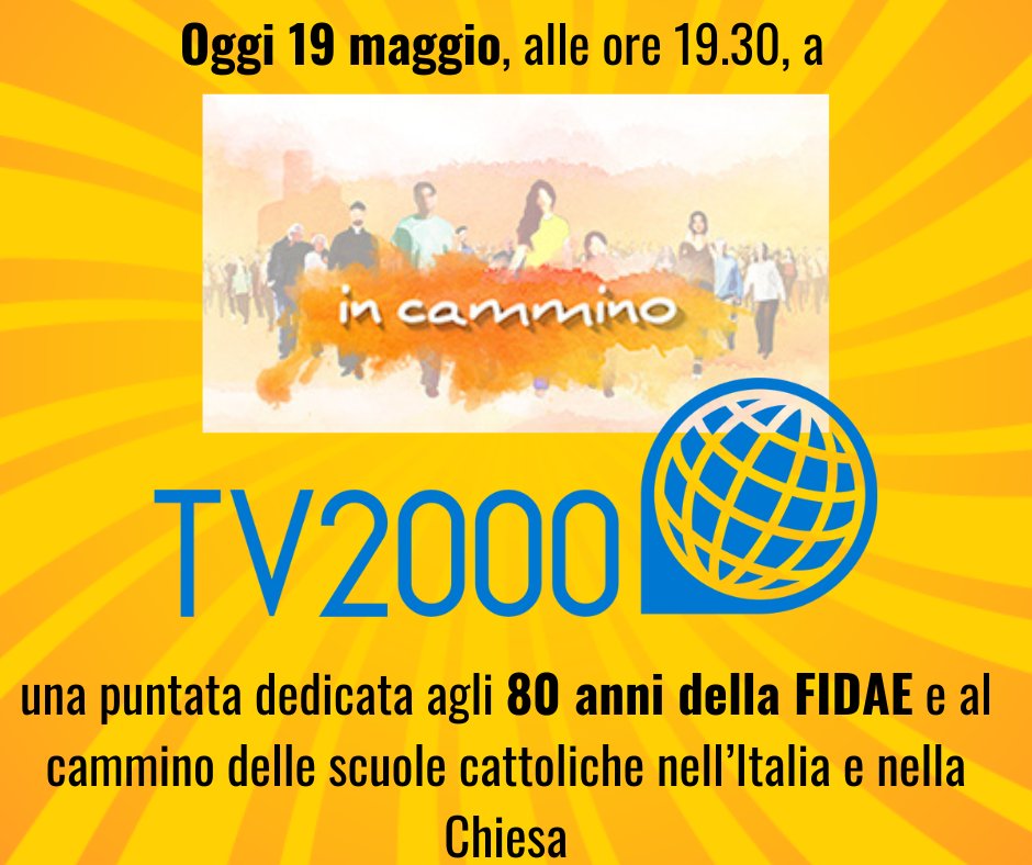 Oggi su <a href="/inblu2000it/">InBlu2000</a> alle 18,40 e su <a href="/TV2000it/">Tv2000.it</a> alle 19,30, una puntata speciale di IN CAMMINO dedicata agli 80 anni della FIDAE e ai 25 dall'approvazione della legge 62/2000 sulla parità scolastica
<a href="/VKaladich/">Virginia Kaladich</a> <a href="/vinmorgante/">Vincenzo Morgante</a>
