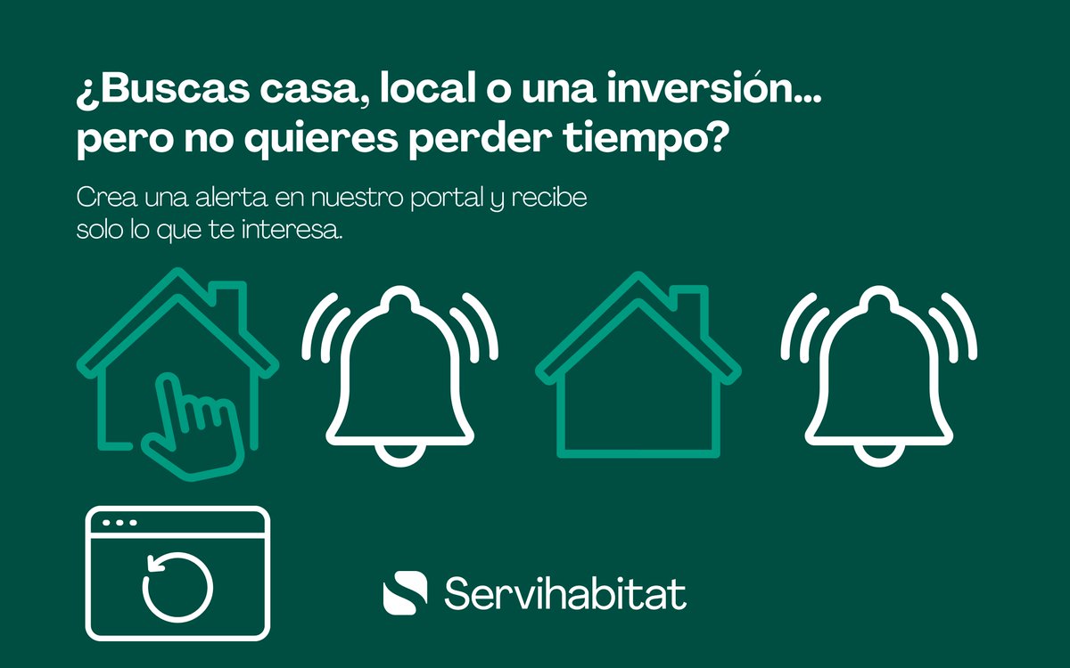 Crea una alerta en #Servihabitat y recibe al instante las viviendas, locales u oportunidades de inversión que se ajustan a lo que buscas.

📩 Sin perder tiempo. Sin perder oportunidades.
Actívala en 👉 servihabitat.com