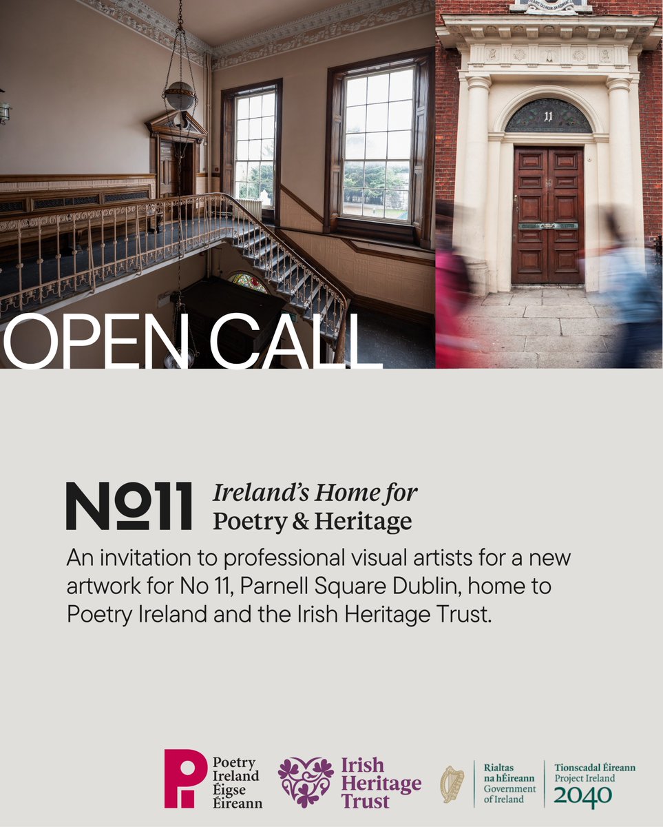 The Arts Council / An Chomhairle Ealaíon (@artscouncil_ie) on Twitter photo Open Call for Visual Artists!
<a href="/poetryireland/">Poetry Ireland / Éigse Éireann</a> & <a href="/IrHeritageTrust/">Irish Heritage Trust</a> are commissioning an artwork for their new home; 11 Parnell Square.
They are seeking an artwork that can create a moment of expression for the building today and endure.
Apply by 30 May
poetryireland.ie/news/open-call… Open Call for Visual Artists!
<a href="/poetryireland/">Poetry Ireland / Éigse Éireann</a> & <a href="/IrHeritageTrust/">Irish Heritage Trust</a> are commissioning an artwork for their new home; 11 Parnell Square.
They are seeking an artwork that can create a moment of expression for the building today and endure.
Apply by 30 May
poetryireland.ie/news/open-call…