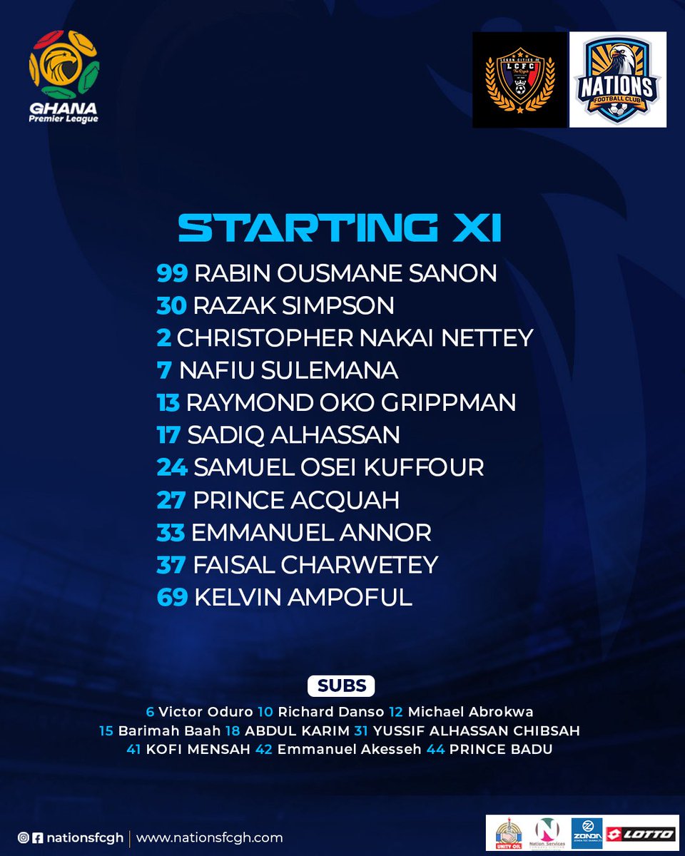 nationsfcgh's tweet photo. Starting XI Vs Legon Cities
#WIFW π΅π βͺοΈ π¦
#NationsFC #NFC #UnityOil #NSCL #LottoSports #Zonda https://t.co/j9OCENPt6Q