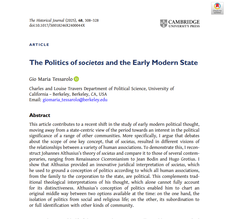 📘From our latest issue!

Gio Maria Tessarolo (@uofcalifornia) on 'The Politics of societas and the Early Modern State'

#Politics #Community #Thought #Philosophy 👥🗣️🗃️ 16thc 17thc 

👉Read open access here: cambridge.org/core/journals/…