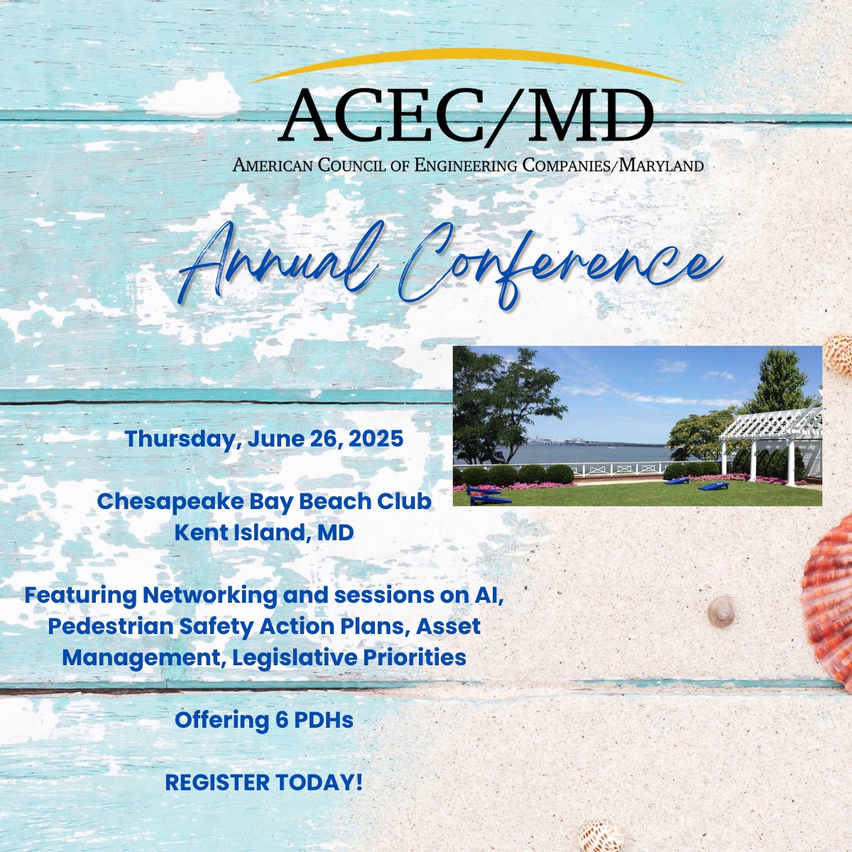Register today for the ACEC/MD Annual Conference at the Chesapeake Bay Beach Club.

Spots are filling fast—earn 6 PDHs and connect with industry leaders!

Register here: ow.ly/OzCP50VReYr