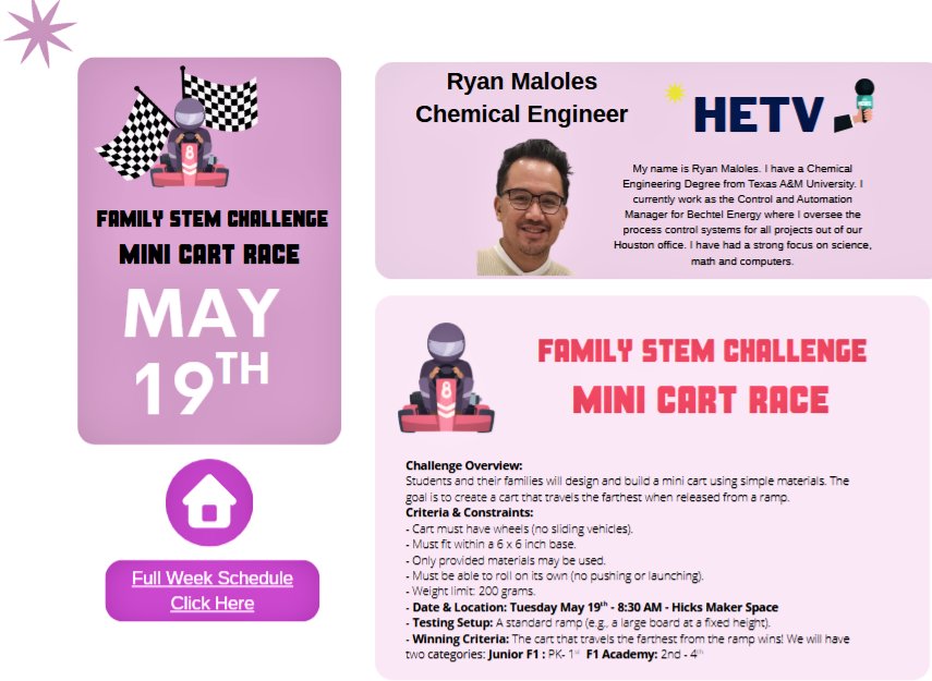 vsspille2's tweet image. School Is Not Out! We kicked off our STEM (Career) Week with a presentation from Ryan Maloles, a Chemical Engineer. We also had our 1st  Family STEM Cart Race. Thanks Mrs. Villalpando for the annual collaboration.  Exposure is everything!!
@HicksTigers
#StemWeek
#CareerAwareness
