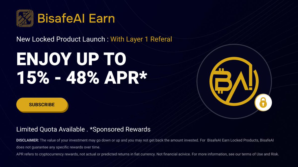 BisafeAi's tweet photo. 🚀 BisafeAI Earn is Live!
🔥 New DEX Locked Product + Layer 1 Referral Program! 🔥

💰 Earn Passive Income with up to 15% - 48% APR by staking BisafeAI ($BIAI) in your DEX wallet!

✅ How to Start Earning:

Buy $BIAI on PancakeSwap or swap via Trust Wallet, MetaMask & 350+ BNB Chain-supported wallets.

Stake BIAI at: https://t.co/HQKbwAvh4O (or use your referral link!)

Earn Simple Passive APR directly in your DEX Wallet — No Lock-In Risk!

💸 Referral Rewards:
Get 15% to 48% of your referral's APR when they stake using your link. More friends = More Rewards!

📈 $BIAI Price Prediction: $50 - $150 in the next 4–5 years
🚀 Capital gains + Passive APR = Maximum Wealth Potential

🔒 100% Non-Custodial | Your Wallet, Your Funds | DYOR Always!

📊 Research $BIAI:
🔗 https://t.co/J76gG36Yx9

🌐 Join Our Communities:
📢 Telegram: https://t.co/5Hh62mmYb8
🐦 X: https://t.co/WZIr4qdvOr

#BisafeAI #BIAI #BisafeAIEarn #CryptoEarn #DeFi #BNBChain #TrustWallet #MetaMask #PassiveIncome #CryptoStaking #ReferralEarnings #BIAIPrediction
