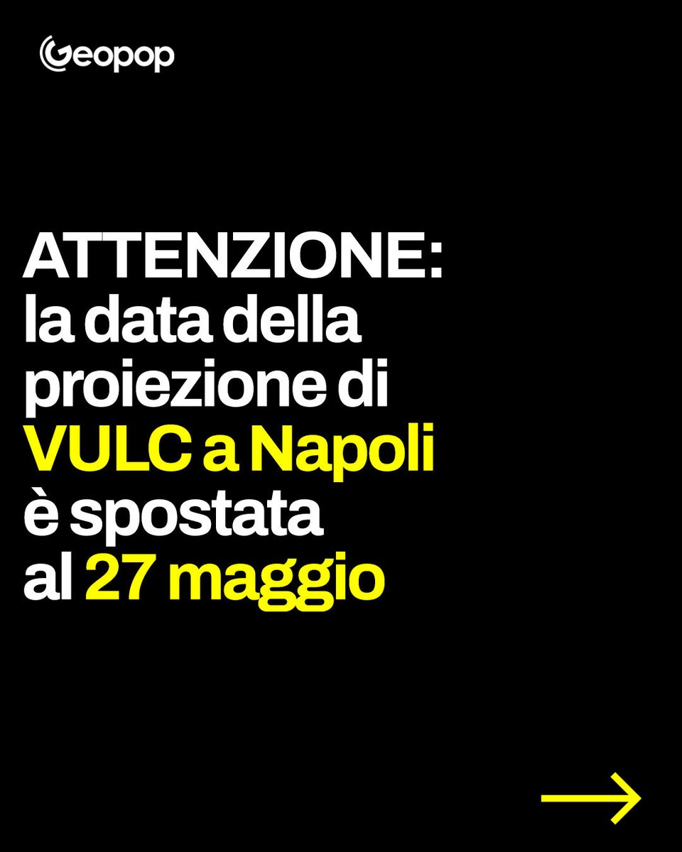 Geopopit's tweet photo. 🔴 ATTENZIONE – Cambio data proiezione #VULC a #Napoli
Per motivi di ordine pubblico legati all’ultima partita di campionato e alla conseguente chiusura di alcune strade in città, l’evento di Napoli è stato spostato da venerdì 23 maggio a martedì 27 maggio alle ore 19:00, sempre al Cinema Modernissimo.
I posti prenotati restano validi per la nuova data.
Se però sapete già di non poter partecipare, vi chiediamo gentilmente di cancellare la prenotazione, così da lasciare spazio ad altri. :)
Vi aspettiamo martedì 27 alle 19:00!