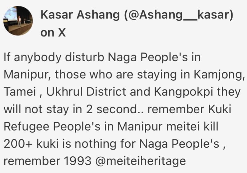 hatjalhai's tweet photo. @ashang_kasar , President of Indigenous People Forum Manipur warns that Nagas are ready to repeat the 1993 genocide. 

@manipur_police @NIA_India @CBIHeadquarters @HMOIndia Arrests must be made.

How are genocidal threats openly expressed under the governance of President’s Rule? https://t.co/91ccQs35kW