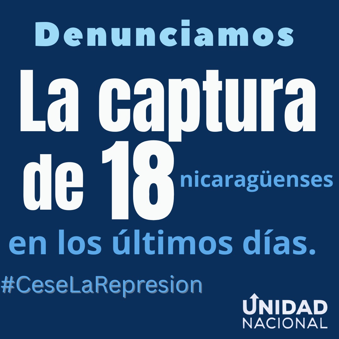 En los últimos días la dictadura desató una escalada represiva que ha conllevado la captura de 18 nicaragüenses. Entre los capturados hay militares en retiro y ciudadanos liberales.
¡Demandamos su liberación inmediata!