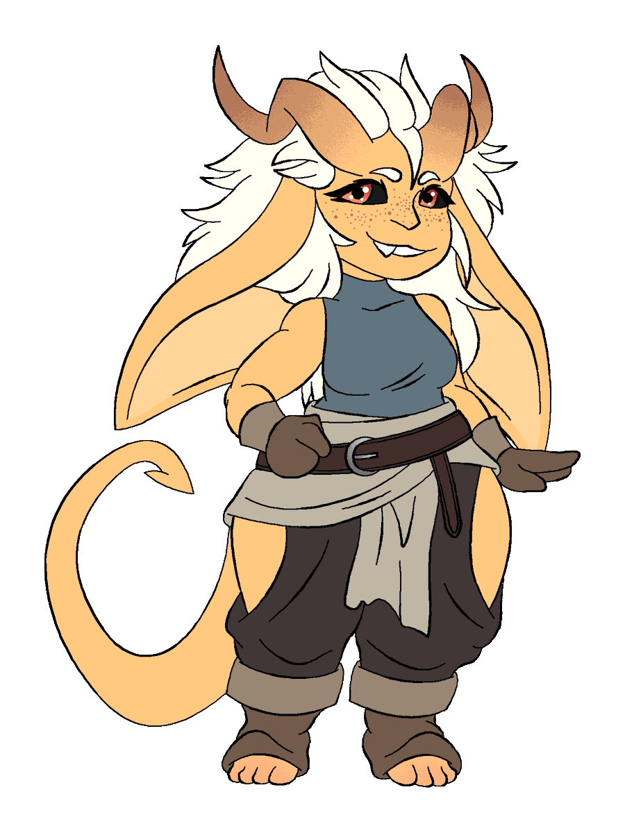 Goblin tiefling gal I made the other day! She means well but has a very hot temper! Her name is "Squash-Foot" since her real name is hard to pronounce lol