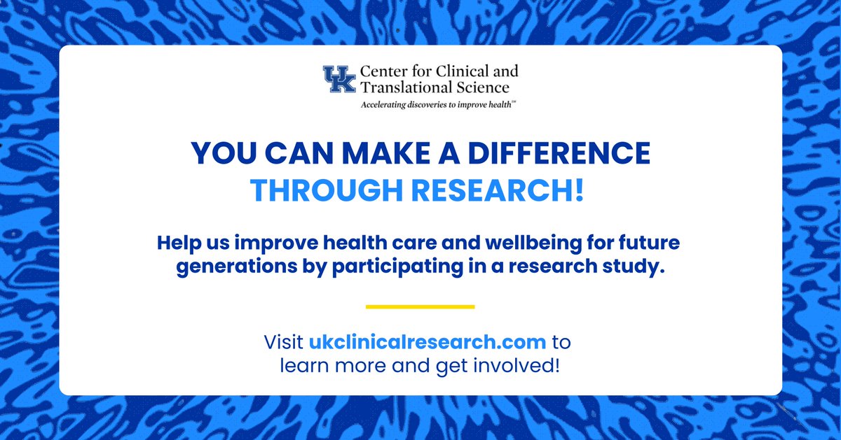 UK CCTS (@uk_ccts) on Twitter photo š£ The <a href="/UK_CCTS/">UK CCTS</a> is looking for research participants! ššš can make a difference by volunteering your time and signing up for a research study today!
To learn more or to volunteer for a research study, click here: ccts.uky.edu/participate-reā¦
#ukccts #healthcare #researchstudy š£ The <a href="/UK_CCTS/">UK CCTS</a> is looking for research participants! ššš can make a difference by volunteering your time and signing up for a research study today!
To learn more or to volunteer for a research study, click here: ccts.uky.edu/participate-reā¦
#ukccts #healthcare #researchstudy
