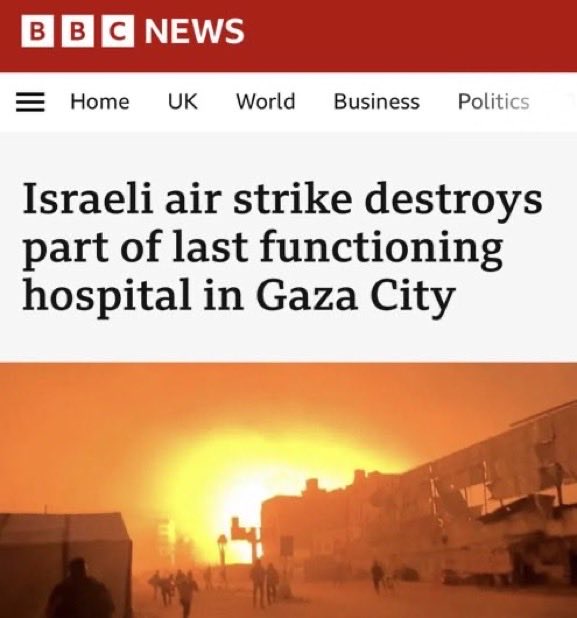 The BBC was compelled to change their headline from their normal 🇮🇱 propaganda. 

Hospitals are protected by the Geneva Convention.

The problem with the BBC is not Gary Lineker’s tweets.

It is that their propaganda makes them complicit in genocide.

The BBC is a disgrace.