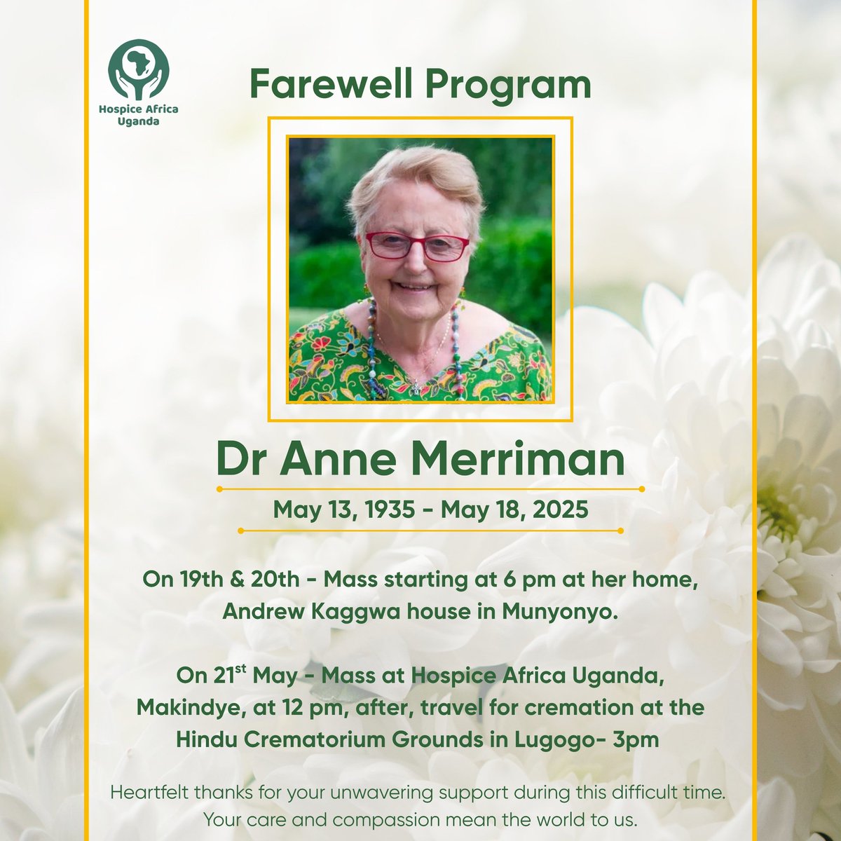 Farewell to a trailblazer! 🕊️

💔 We're bidding farewell to the incredible Dr. Anne Merriman, a pioneer in palliative care and a shining example of compassion ❤️

Join us as we celebrate her life and legacy 🎉

#HospiceAfricaUganda #PalliativeCare #palliativecarechampion