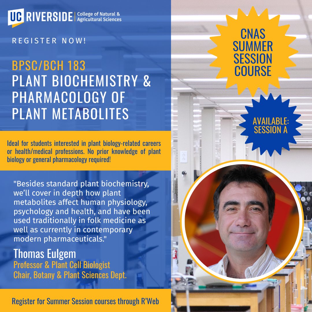 UC Riverside CNAS (@ucrcnas) on Twitter photo Attention <a href="/UCRCNAS/">UC Riverside CNAS</a> students! Still time to register for BPSC/BCH 183 - Plant Biochemistry & Pharmacology of Plant Metabolites w/ Dr. Thomas Eulgem. Available Summer Session A only...register now at summer.ucr.edu #UCR #ucriverside #ucrscience Attention <a href="/UCRCNAS/">UC Riverside CNAS</a> students! Still time to register for BPSC/BCH 183 - Plant Biochemistry & Pharmacology of Plant Metabolites w/ Dr. Thomas Eulgem. Available Summer Session A only...register now at summer.ucr.edu #UCR #ucriverside #ucrscience