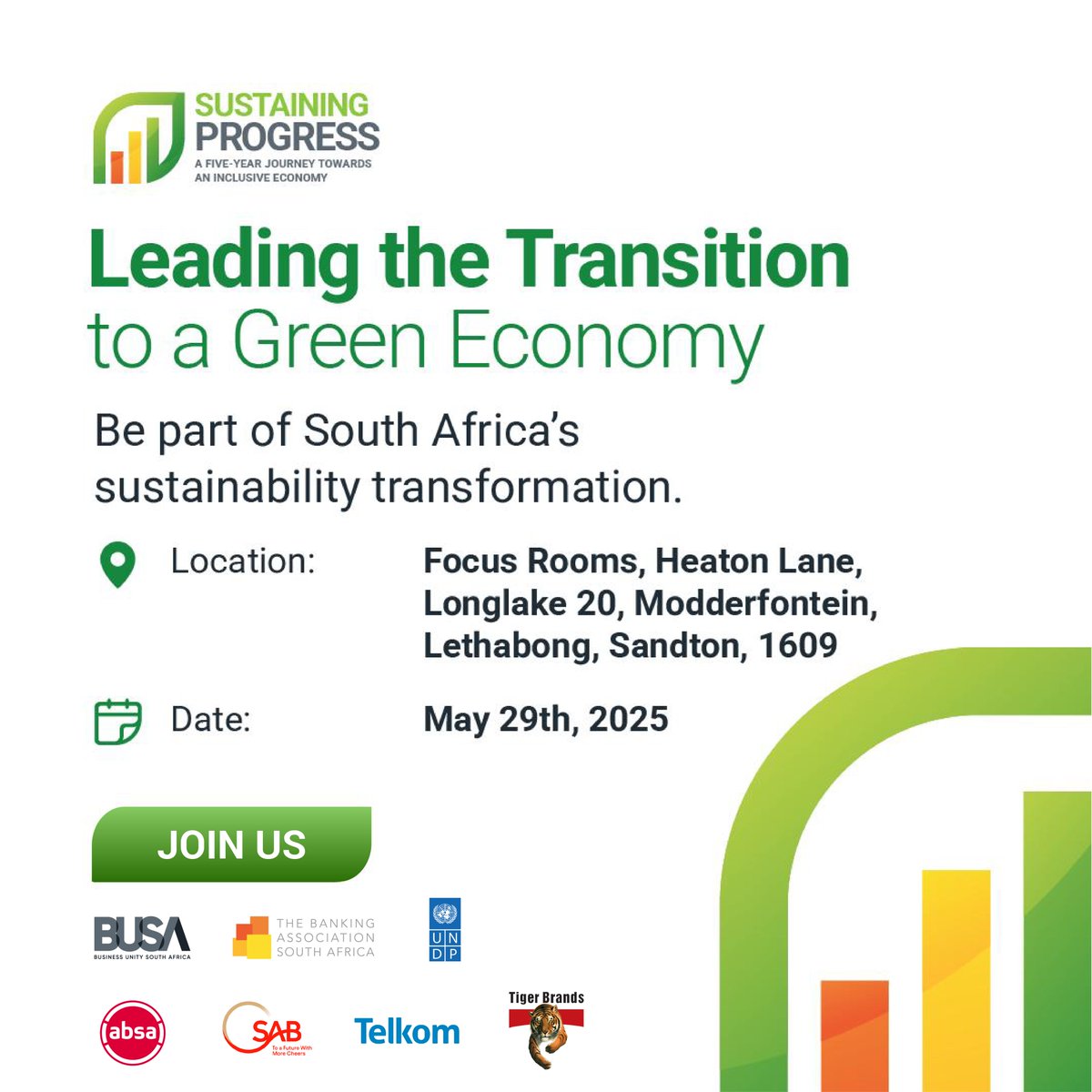 ⏳ 9 days to go!
Join us on 29 May 2025 for #SustainingProgress2025 as we lead South Africa’s transition to a green economy 🌱
Be part of shaping the country’s sustainability journey.

🤝 In partnership with <a href="/BankingZA/">The Banking Association South Africa</a> &amp; <a href="/UNDPSouthAfrica/">UNDP South Africa</a>
🎉 Sponsored by <a href="/AbsaSouthAfrica/">Absa South Africa</a>,