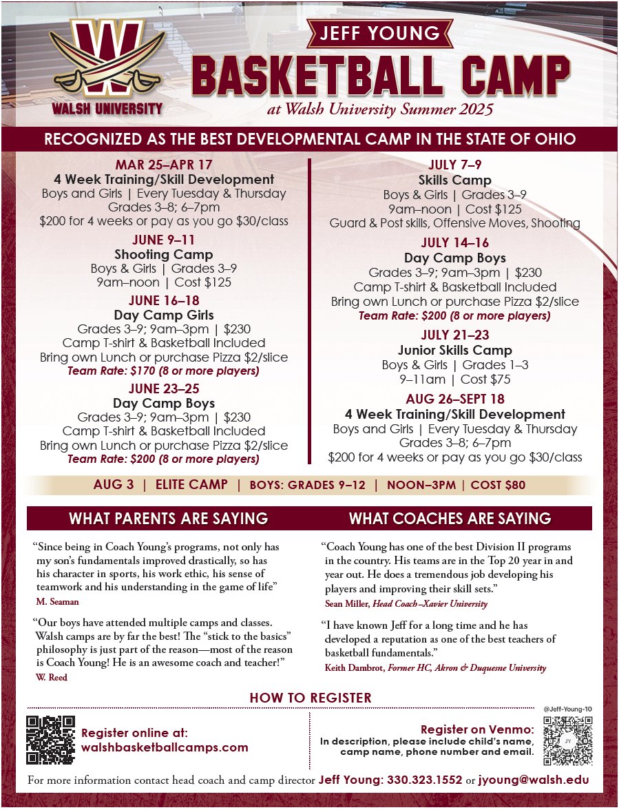 Parents! 🗣️

Walsh Basketball Camps start in just three weeks! 

We have several camps to choose from for boys &amp; girls entering grades 1-9. Your child will grow their game, build confidence, and have a blast on the court! 🏀

Register now: walshbasketballcamps.com