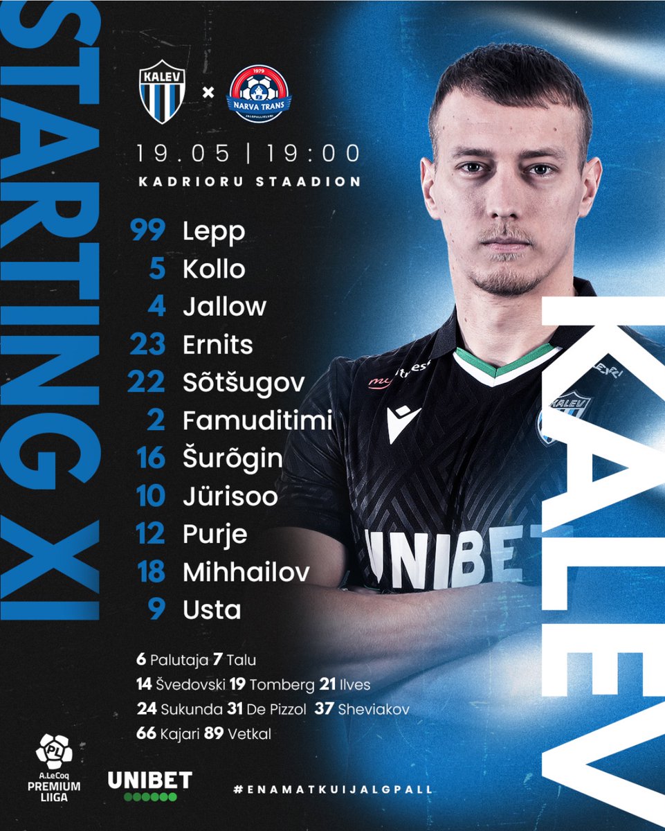 Here’s how we line up against Narva

Kick off in an hours time 

FORZA KALEV 🇪🇪