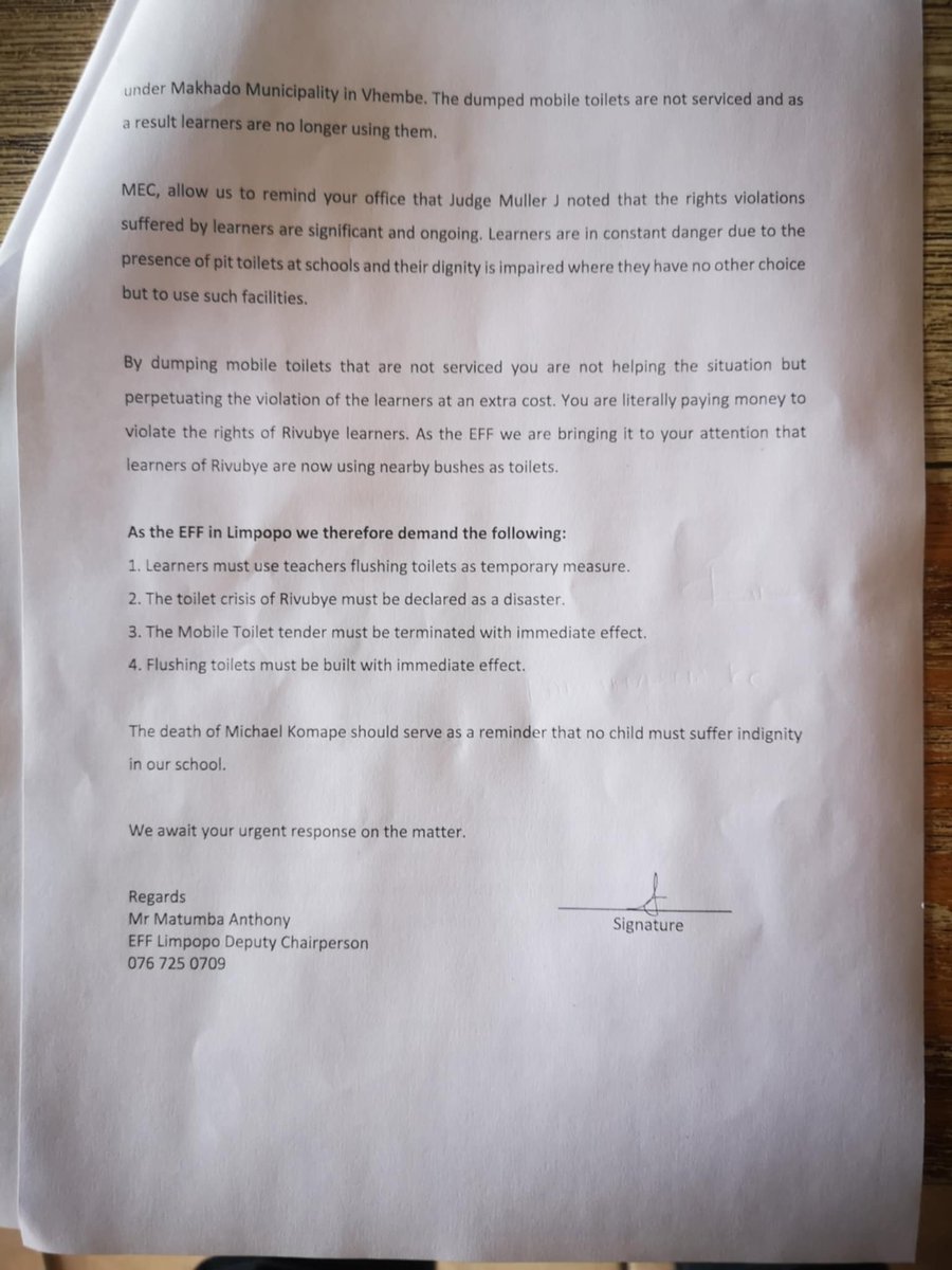 matumba_anthony's tweet image. As the EFF in Limpopo we will never allowed this to happen in our presence.

Department of Basic Education is paying R15 000 per month for these mobile toilets at Rivubye High School in Valdezia village, Vhembe. Learners are not using these toilets because they are not serviced.…
