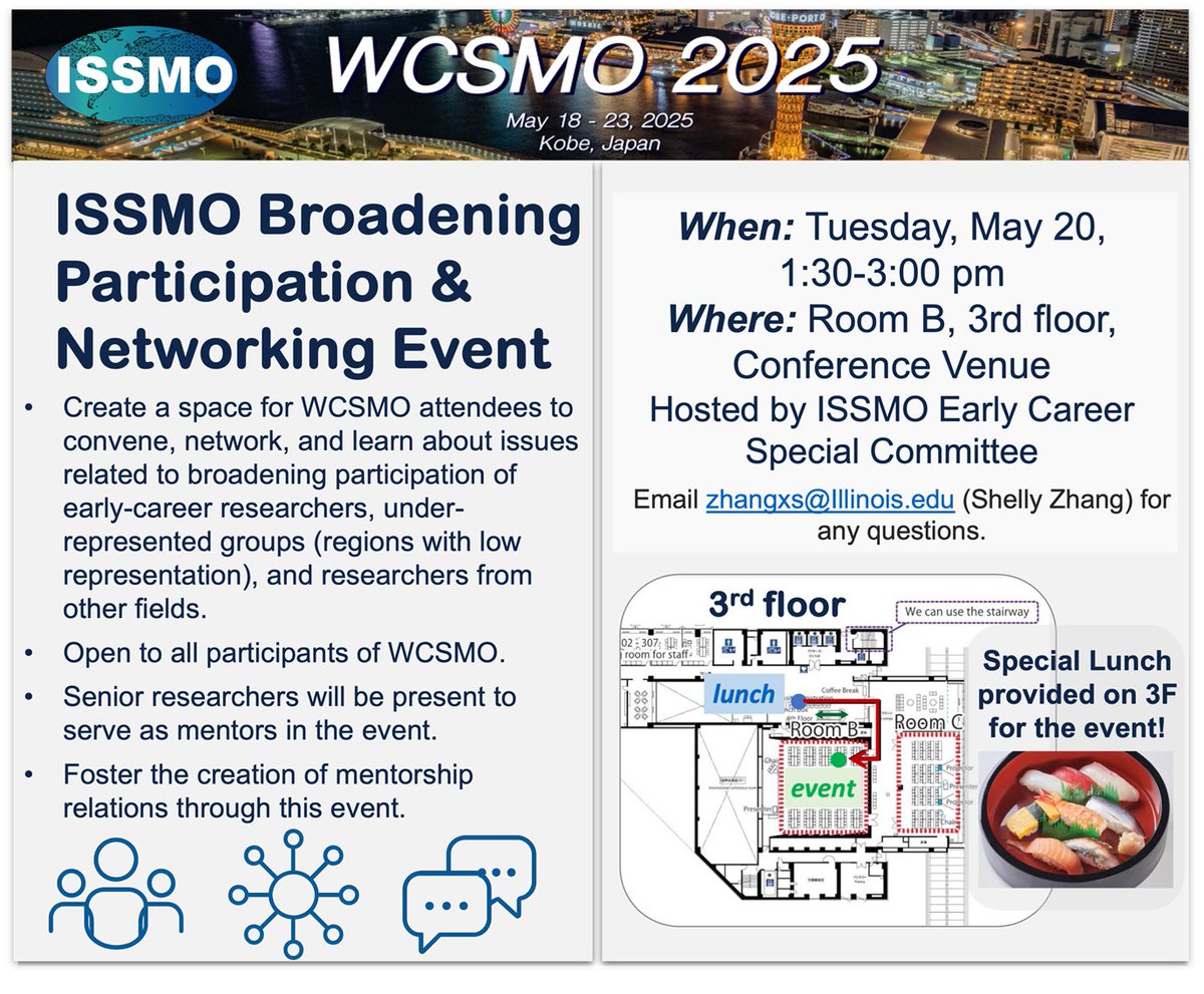 The ISSMO Broadening Participation and Networking Event will be held during the WCSMO-16, on Tuesday, May 20, 1:30-3:00 pm in Room B on the third floor, Kobe Convention Center. The event is open to all participants of WCSMO. Contact Prof. Shelly Zhang for questions. <a href="/XShellyZhang/">X. Shelly Zhang</a>