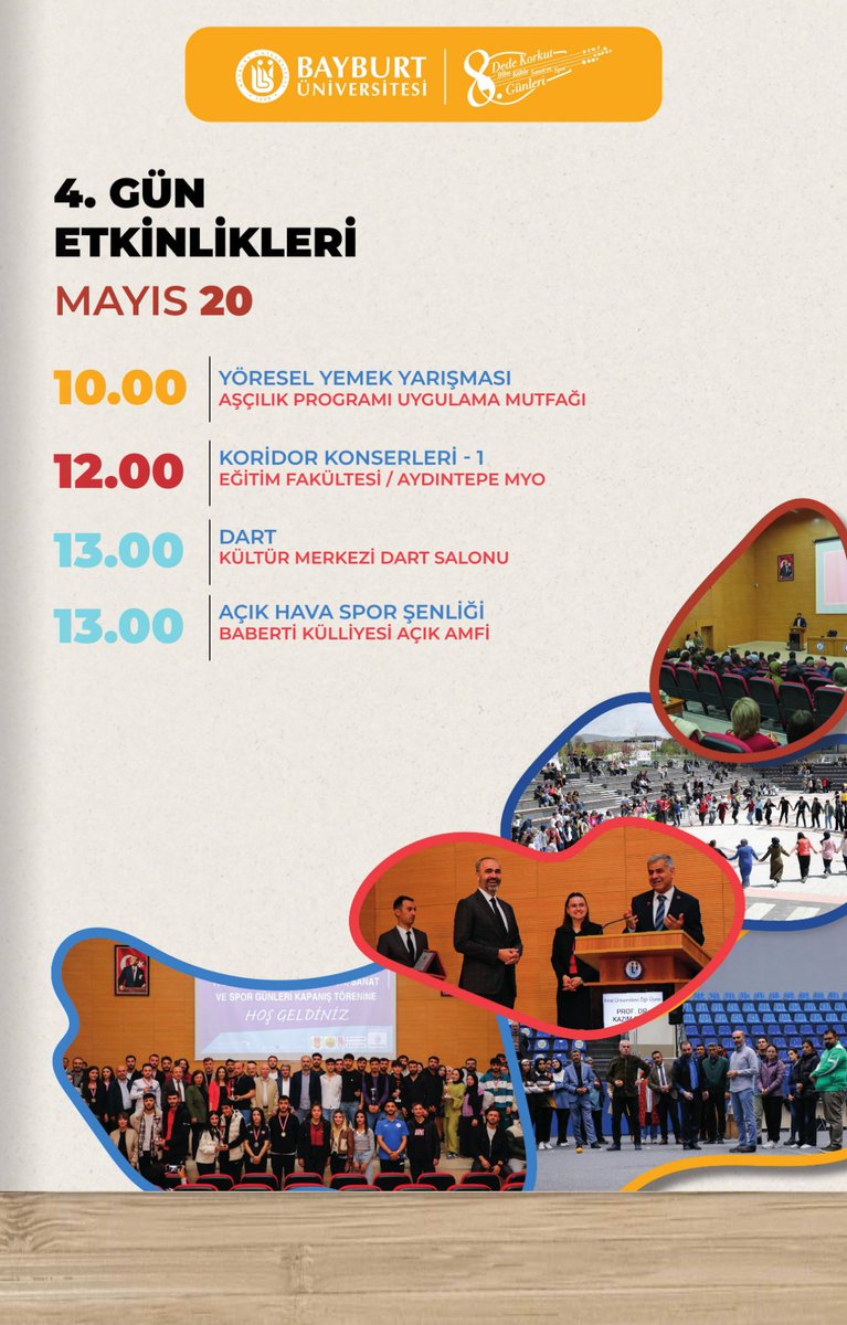 Bayburtedu's tweet photo. 8. Dede Korkut Bilim, Kültür, Sanat ve Spor Günleri heyecanı, 4. Gün ile devam ediyor 💙🧡❤️🩵

4. Günün programında; 

🧡 Yöresel Yemek Yarışması
❤️ Koridor Konserleri-I
🩵 Dart Turnuvası 
🩵Açık Hava Spor Şenliği var. 

Rengini seç ve kampüse hayat ver 🍛🎤🎯🎉 https://t.co/NMehK7sGnQ