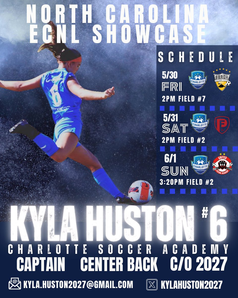 Kyla Huston 2027 (@kylahuston2027) on Twitter photo So excited for the ECNL NC Showcase! Below is our schedule. Come watch a match!
<a href="/TopDrawerSoccer/">TopDrawerSoccer</a> <a href="/PrepSoccer/">Prep Soccer ⚽️</a> <a href="/ddscrfun/">diane drake</a> <a href="/TheSoccerWire/">SoccerWire</a> <a href="/ImYouthSoccer/">ECNL/GA/Recruiting/College Soccer</a> <a href="/ECNLMidNorth/">ECNL Mid Atlantic & North Atlantic</a> <a href="/ImCollegeSoccer/">College Soccer Truth ™</a> So excited for the ECNL NC Showcase! Below is our schedule. Come watch a match!
<a href="/TopDrawerSoccer/">TopDrawerSoccer</a> <a href="/PrepSoccer/">Prep Soccer ⚽️</a> <a href="/ddscrfun/">diane drake</a> <a href="/TheSoccerWire/">SoccerWire</a> <a href="/ImYouthSoccer/">ECNL/GA/Recruiting/College Soccer</a> <a href="/ECNLMidNorth/">ECNL Mid Atlantic & North Atlantic</a> <a href="/ImCollegeSoccer/">College Soccer Truth ™</a>