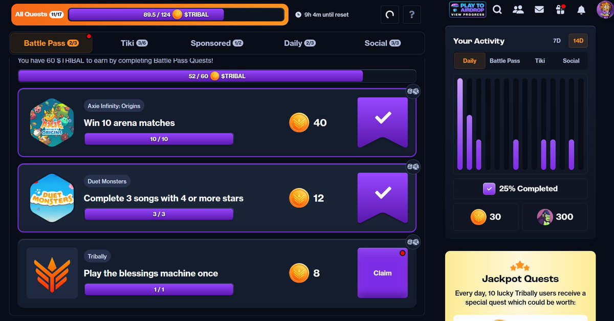 KixWrongkillyo's tweet photo. I'm Back Grinding @TriballyGames Quest! 🪙💰💵
BattlePass Activated!!!! 🕹️🎮🎱🎲
$TRIBAL #Tribally #BattlePass #TikiNFT
@RareAxies @gunlocke_ron @apexnftcore https://t.co/Zkv1Ry2VwX