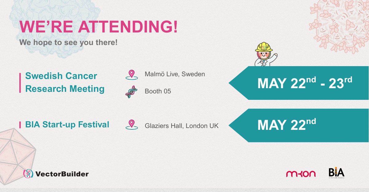 VectorBuilder's tweet image. VectorBuilder is attending two exciting events on May 22!

🔬 SCRM – Booth 05, Malmö Live, Sweden
💡 BIA Start-up Festival – Glaziers Hall, London

Looking forward to meeting innovators in biotech, cancer research &amp;amp; start-ups!

#VectorBuilder #SCRM2025 #BIAStartupFestival…