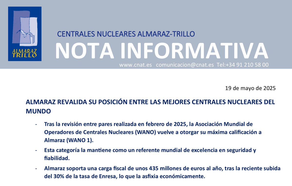 La Central Nuclear de Almaraz ha sido reconocida de nuevo con la máxima calificación WANO 1, situándose entre las mejores del mundo tras una revisión internacional en febrero de 2025, que valora aspectos de seguridad y fiabilidad. Una central nuclear ejemplar que deberá cerrar