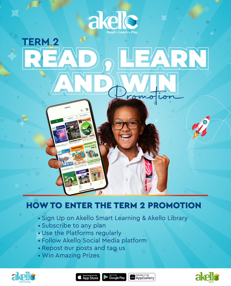 Want to WIN BIG this Second Term?
That’s a piece of cake 🍰!
Just follow the steps above and stand a chance to WIN with Akello 🎉

From school fees vouchers 💸 to tablets 📱, notebooks 📚, Akello swag (T-shirts 👕, caps 🧢) &amp; more – it’s all up for grabs!

READ. LEARN. WIN