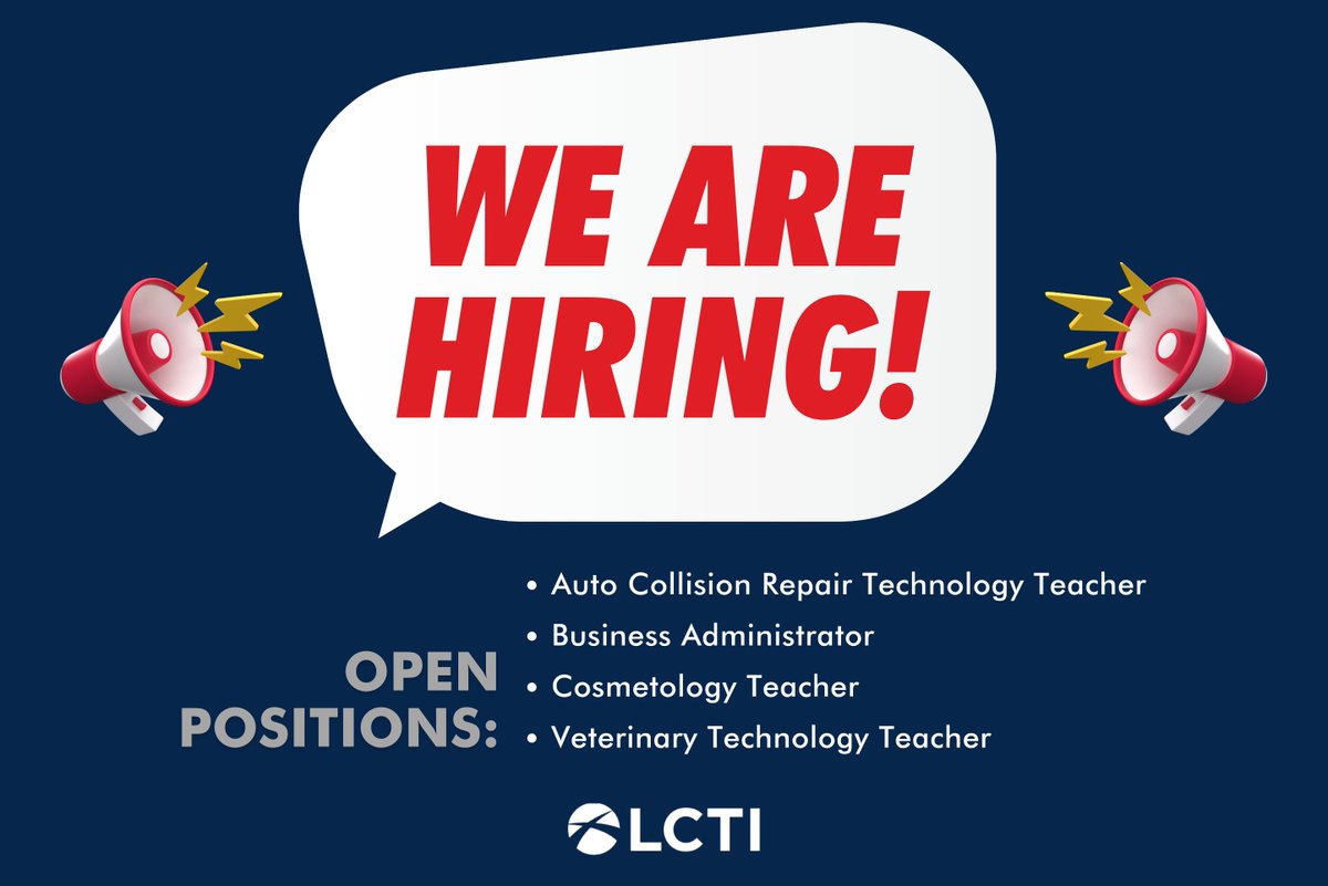 Could you be a good fit for LCTI's team? We're hiring a business administrator and teachers for our Cosmetology, Veterinary Tech &amp; Auto Collision Repair Tech programs. Visit our website to learn more about each position &amp; our school: ow.ly/kbhM50VV0R9 #opportunityahead